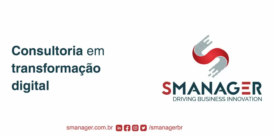 texto à esquerda Consultoria em transformação digital, à direita a logo da SManager e no rodapé suas redes sociais