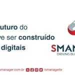 à esquerda a frase porque o futuro do varejo deve ser construido em bases digitais à dirieta a logo da SManager e no rodapé suas redes sociais